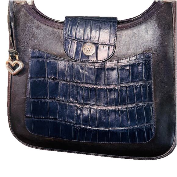 BRIGHTON Black Crocodile Embossed Front Flap Leather Shoulder Bag Heart Charm - Picture 2 of 6